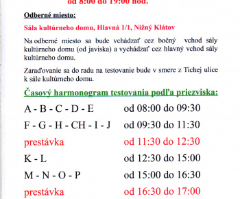 Aktuality / OZNAM - Časový harmonogram plošného testovania 14. marca  2021 - foto