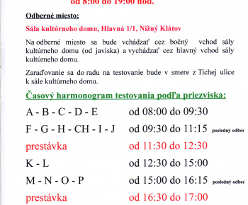 Aktuality / OZNAM - Časový harmonogram plošného testovania 28.marca 2021 - foto