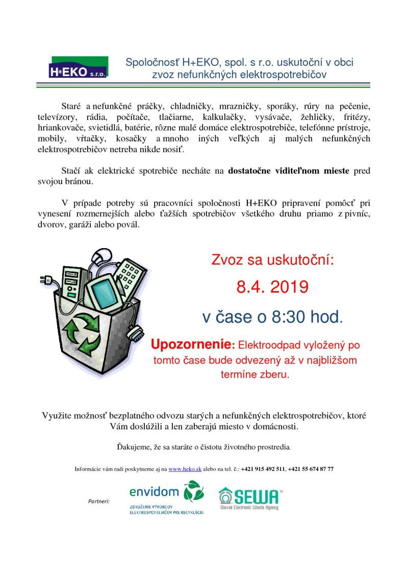 Zber elektroodpadu 8.4. 2019 (pondelok)