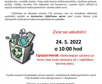 Aktuality / OZNAM - zber elektorodpadu sa uskutoční 24.5.2022 - foto