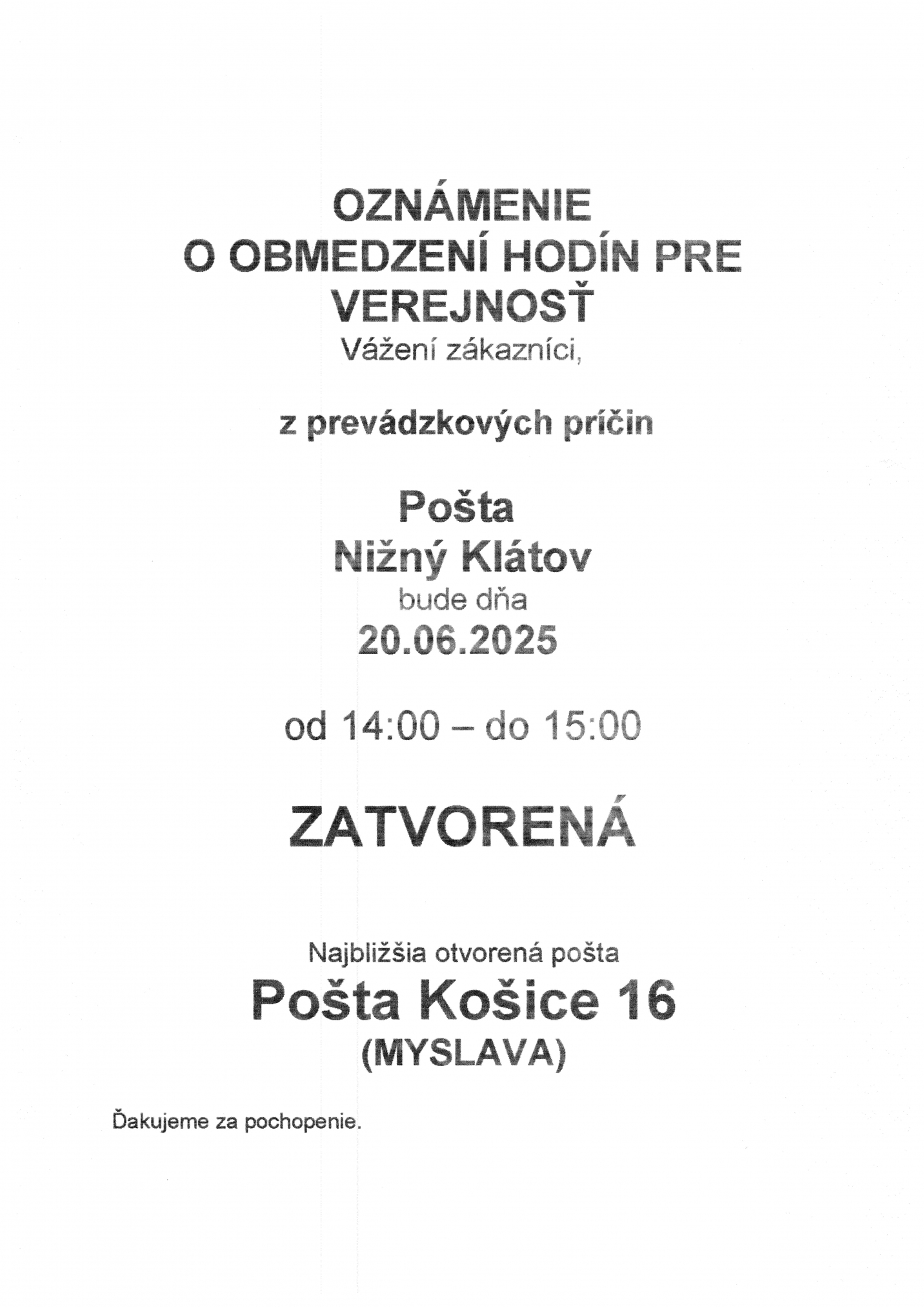 Fotka - OZNAM - pošta dočasná zmena
