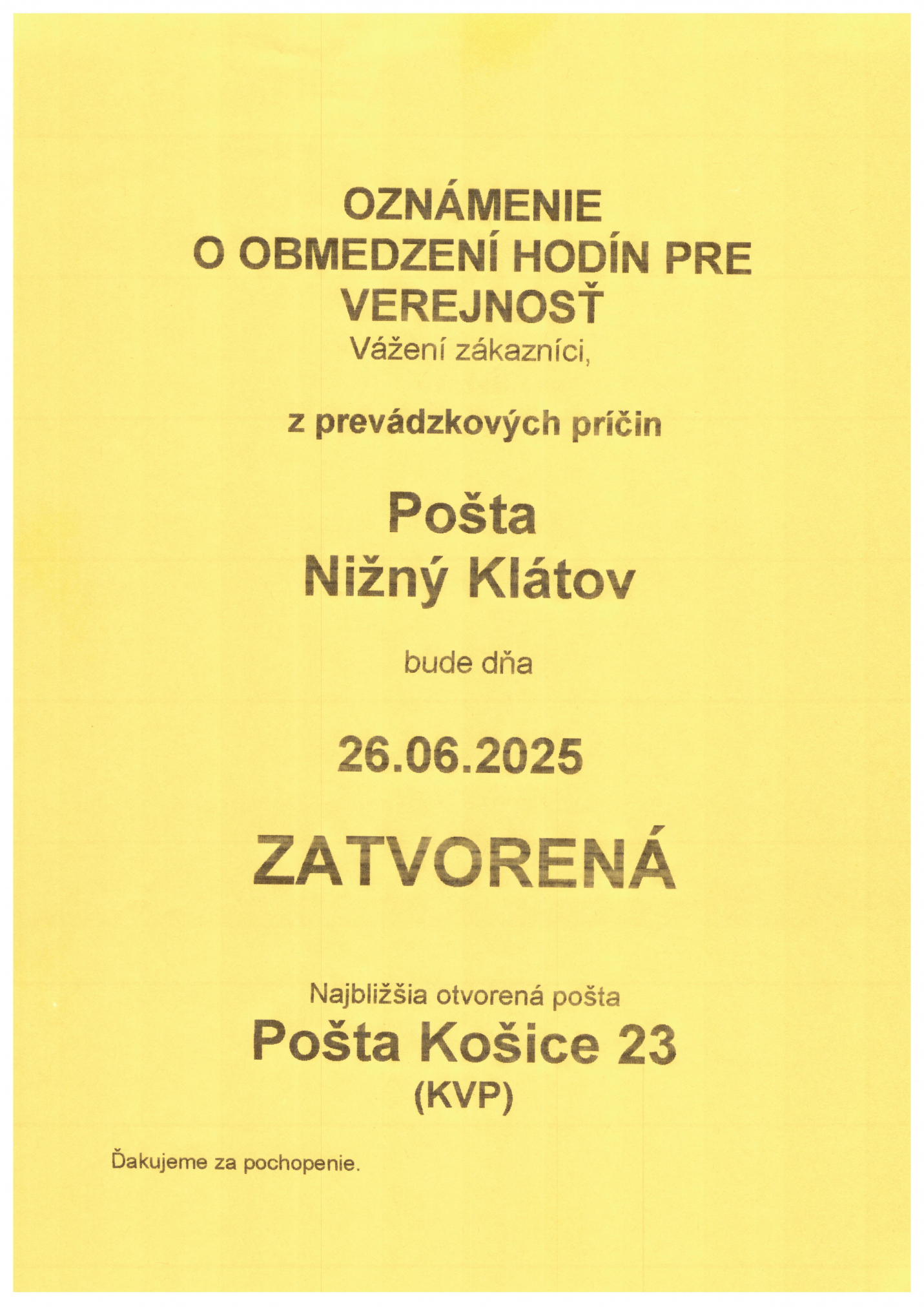 Fotka - OZNAM - pošta zatvorená 26.6.2025