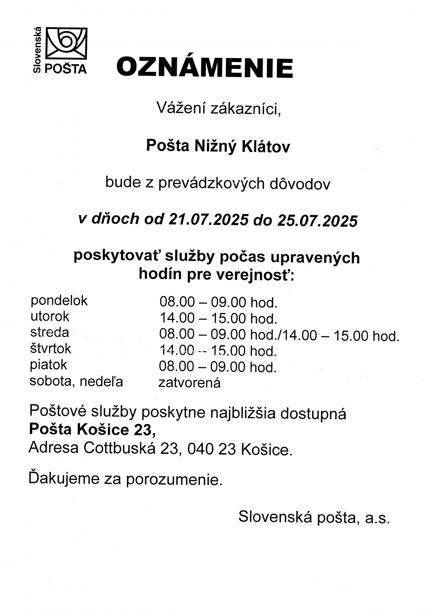 Fotka - OZANM - pošta dočasná zmena od 21.7.2025 do 25.7.2025