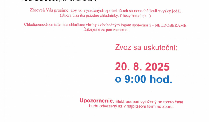 Fotka - OZNAM - zber elektro odpadu 20.8.2025
