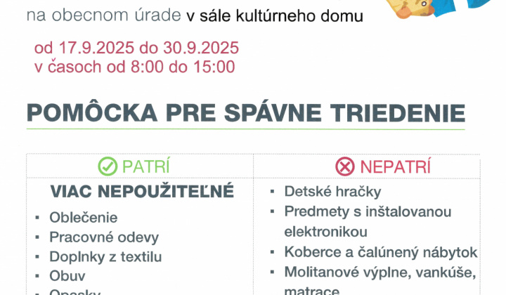 Fotka - OZNAM - zber textilného odpadu - šatstva od 17.9.2025 do 30.9.2025 v časoch od 8:00 do 15:00 v kultúrnom dome