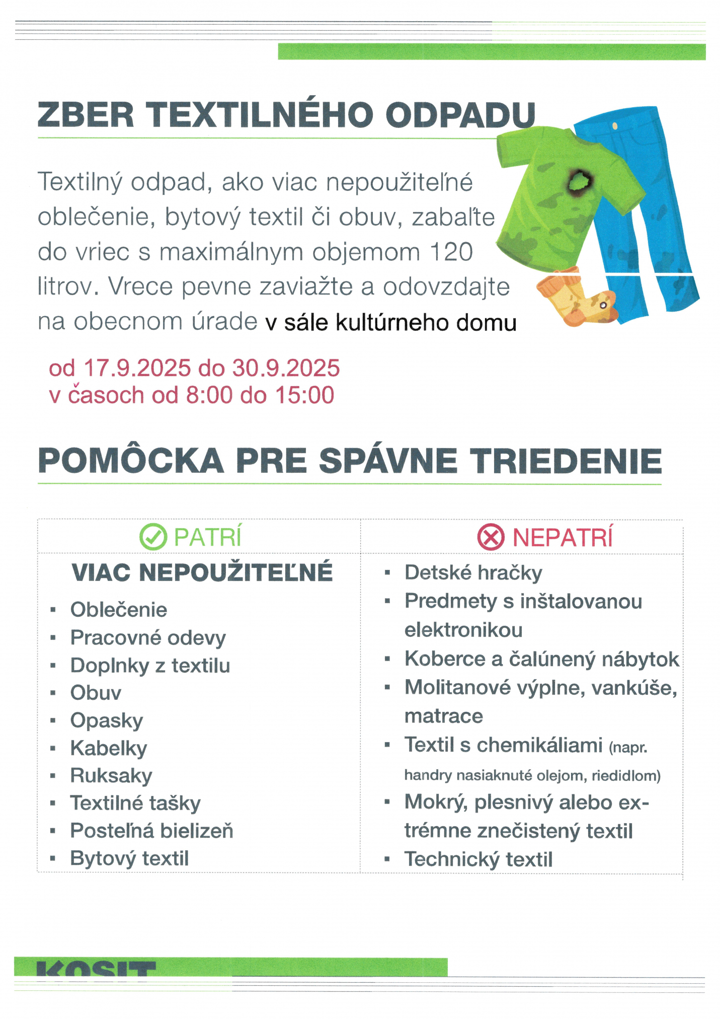 Fotka - OZNAM - zber textilného odpadu - šatstva od 17.9.2025 do 30.9.2025 v časoch od 8:00 do 15:00 v kultúrnom dome