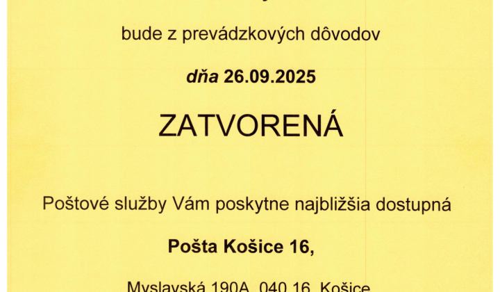 Fotka - POŠTA - 26.9.2025 - ZATVORENÁ