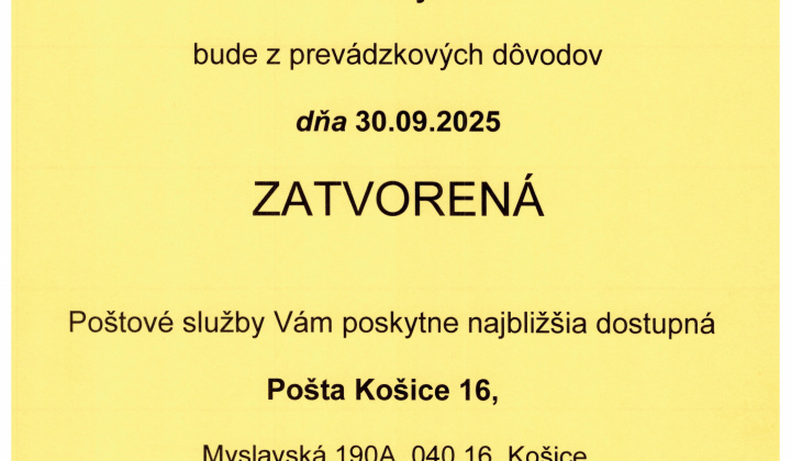 Fotka - POŠTA - 30.9.2025 - ZATVORENÁ