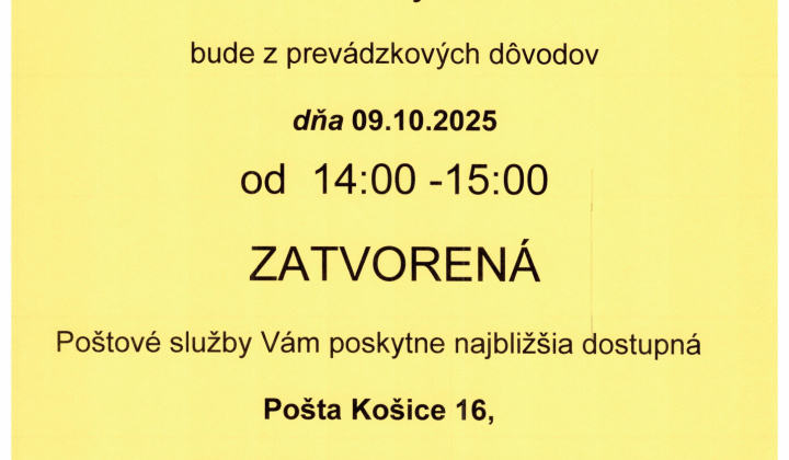 Fotka - POŠTA - 9.10.2025 - čiastočne ZATVORENÁ