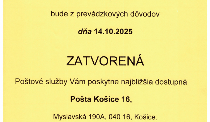 Fotka - POŠTA - 14.10.2025 - ZATVORENÁ