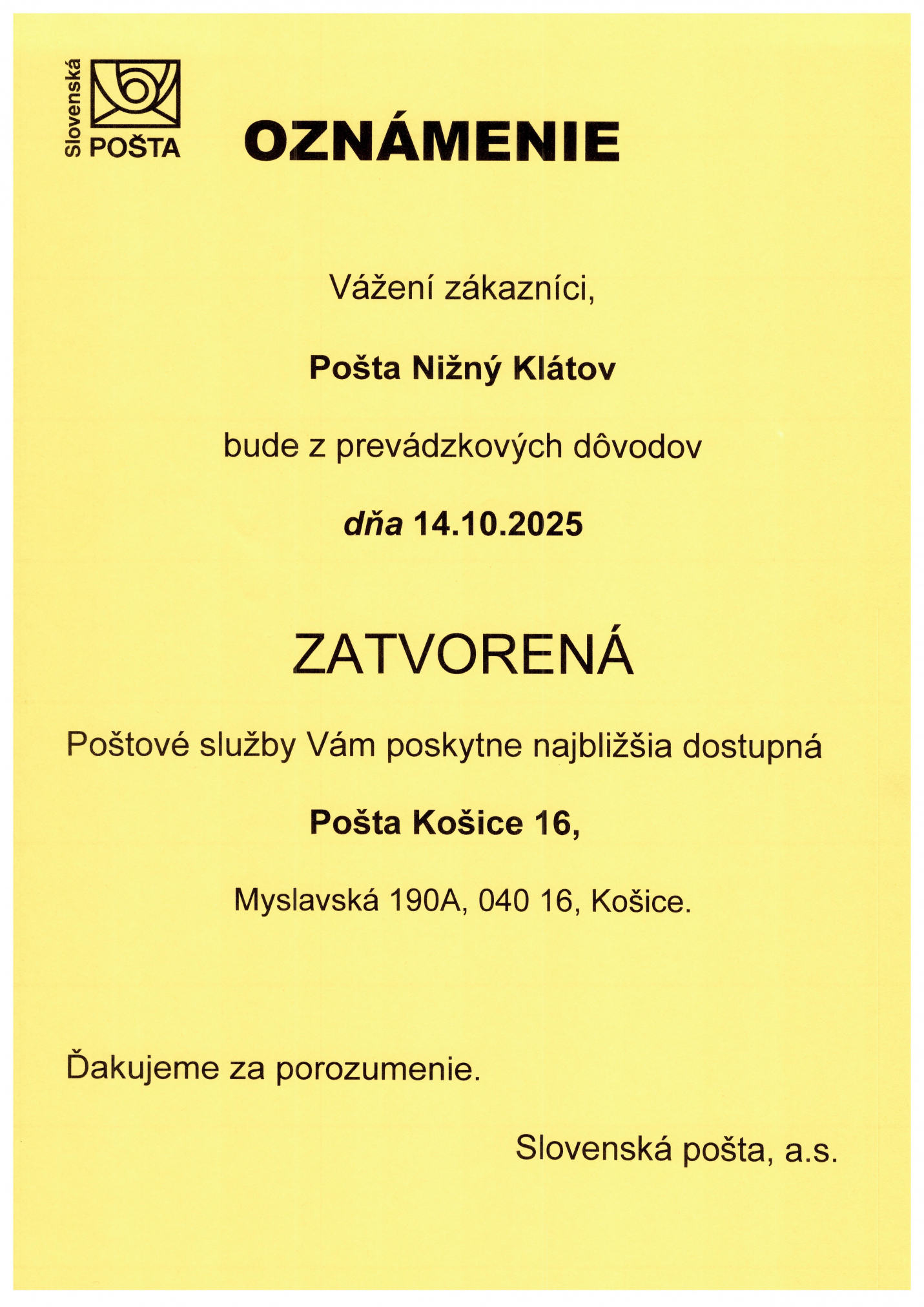 Fotka - POŠTA - 14.10.2025 - ZATVORENÁ