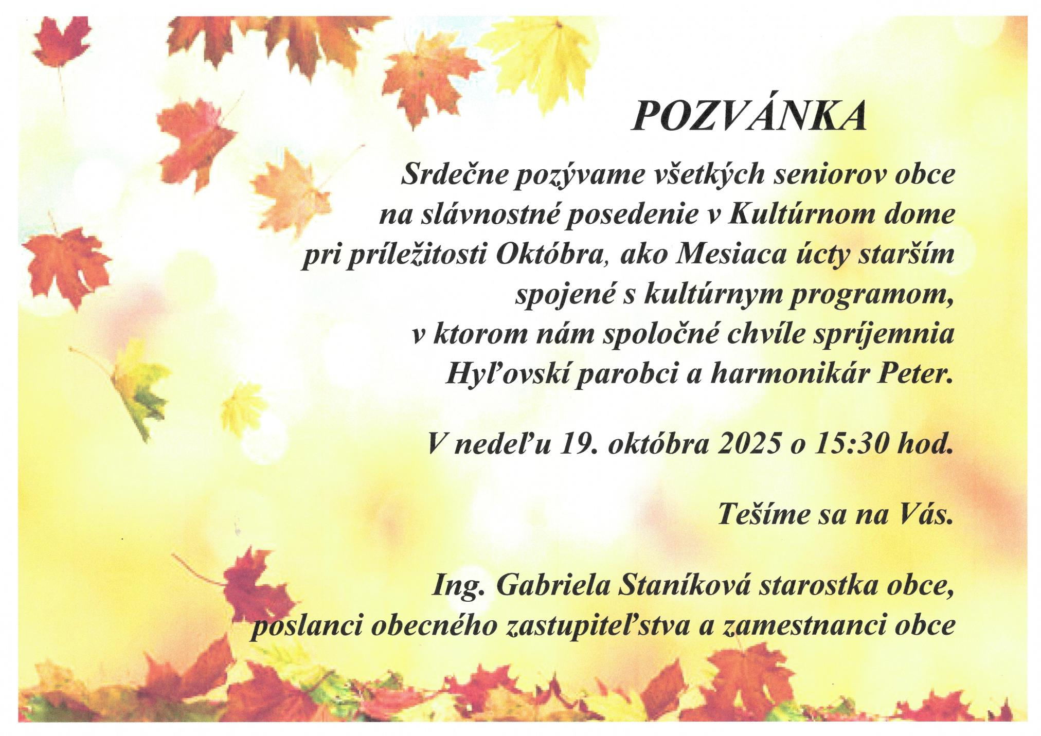 Fotka - POZVÁNKA - úcta k starším 19.10.2025