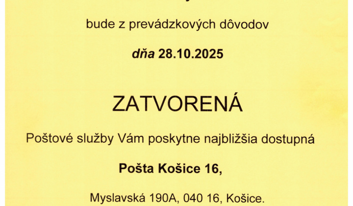 Fotka - OZNAM - pošta zatvorená 28.10.2025