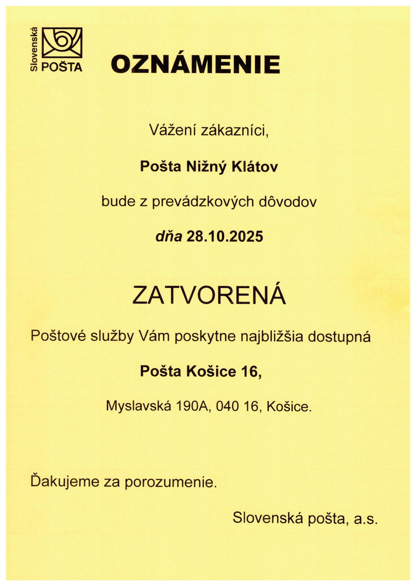 Fotka - OZNAM - pošta zatvorená 28.10.2025