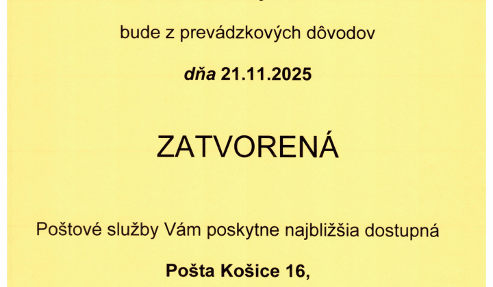 Fotka - OZNAM pošta zatvorená 21.11.2025