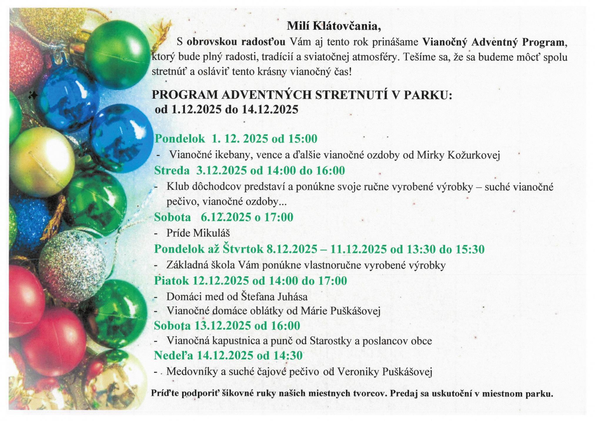 Fotka - Pozvánka - Vianočný adventný program od 1.12.2025 do 14.12.2025