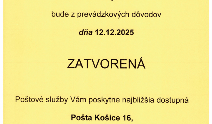 Fotka - OZNAM - pošta zatvorená 12.12.2025