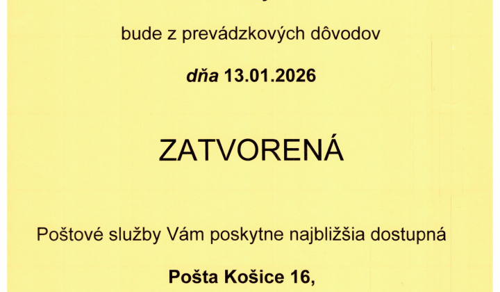 Fotka - OZNAM - 13.1.2026 Pošta zatvorená