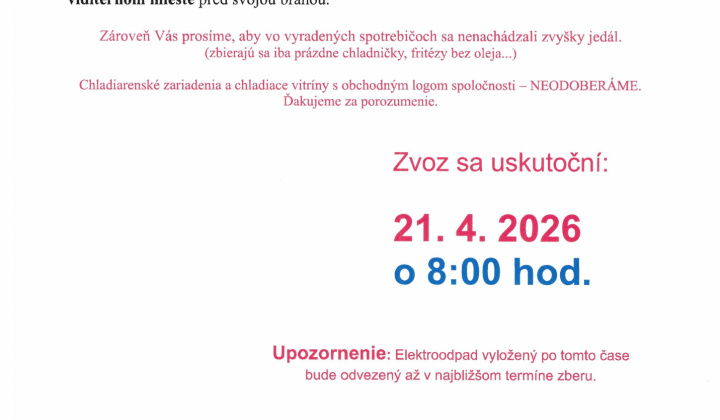 Fotka - OZNAM - OZNAM - 21.4.2026 sa v obci uskutoční zvoz nefunkčných elektrospotrebičov