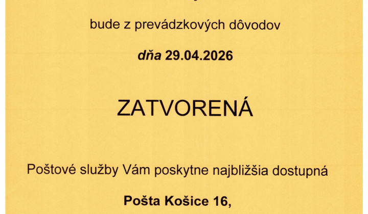 Fotka - OZNAM - pošta Zatvorená 29.4.2026