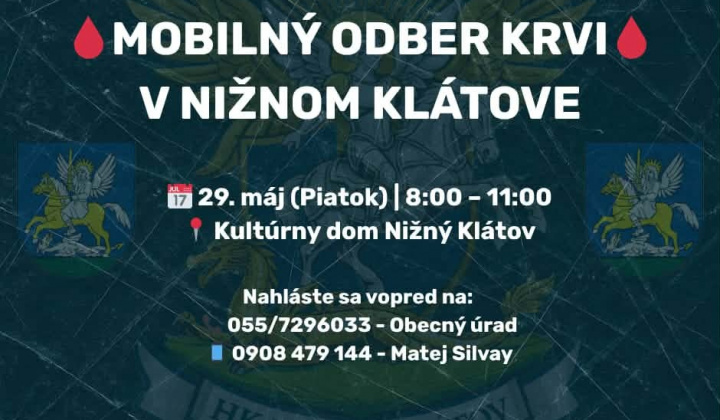 Fotka - OZNAM - mobilný odber krvi 29.5.2026