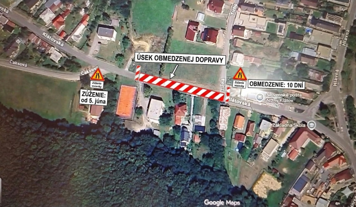 Fotka - OZNAM - Zúžená vozovka od 5.6.2026 v časti od multifunkčného ihriska po odbočku na Tichú ulicu