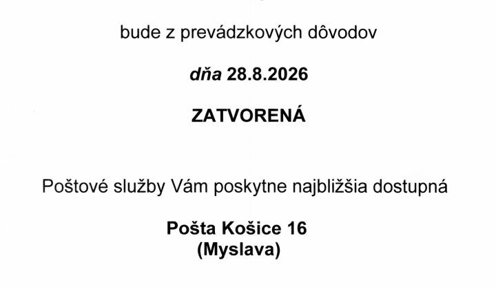Fotka - OZNAM - pošta ZATVORENÁ 28.8.2026