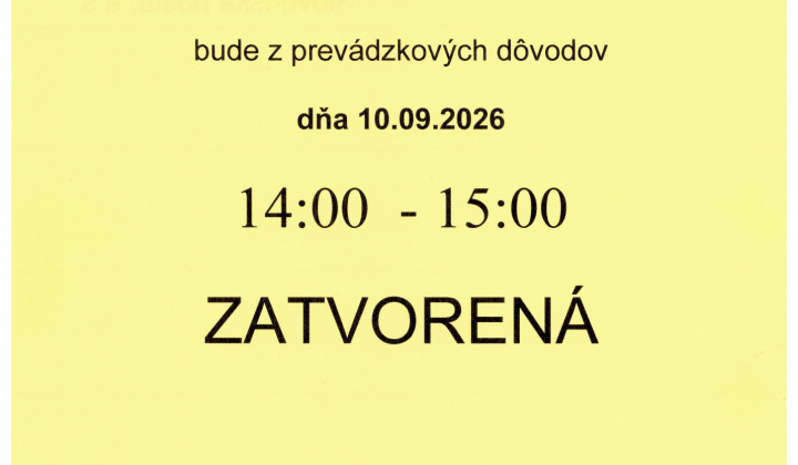Fotka - OZNAM  - pošta zatvorená 10.9.2026