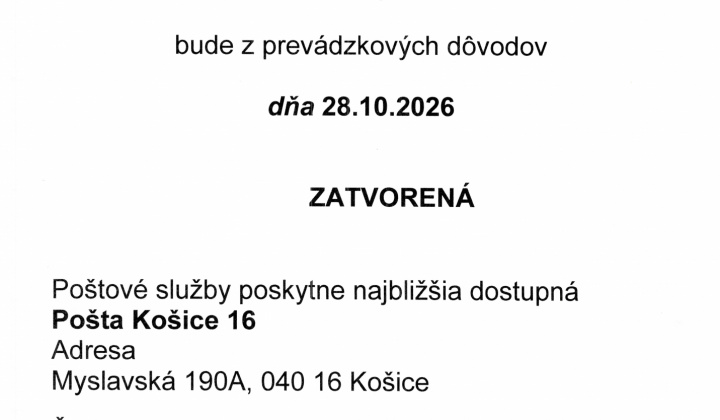 Fotka - OZNAM - pošta zatvorená 28.10.2026