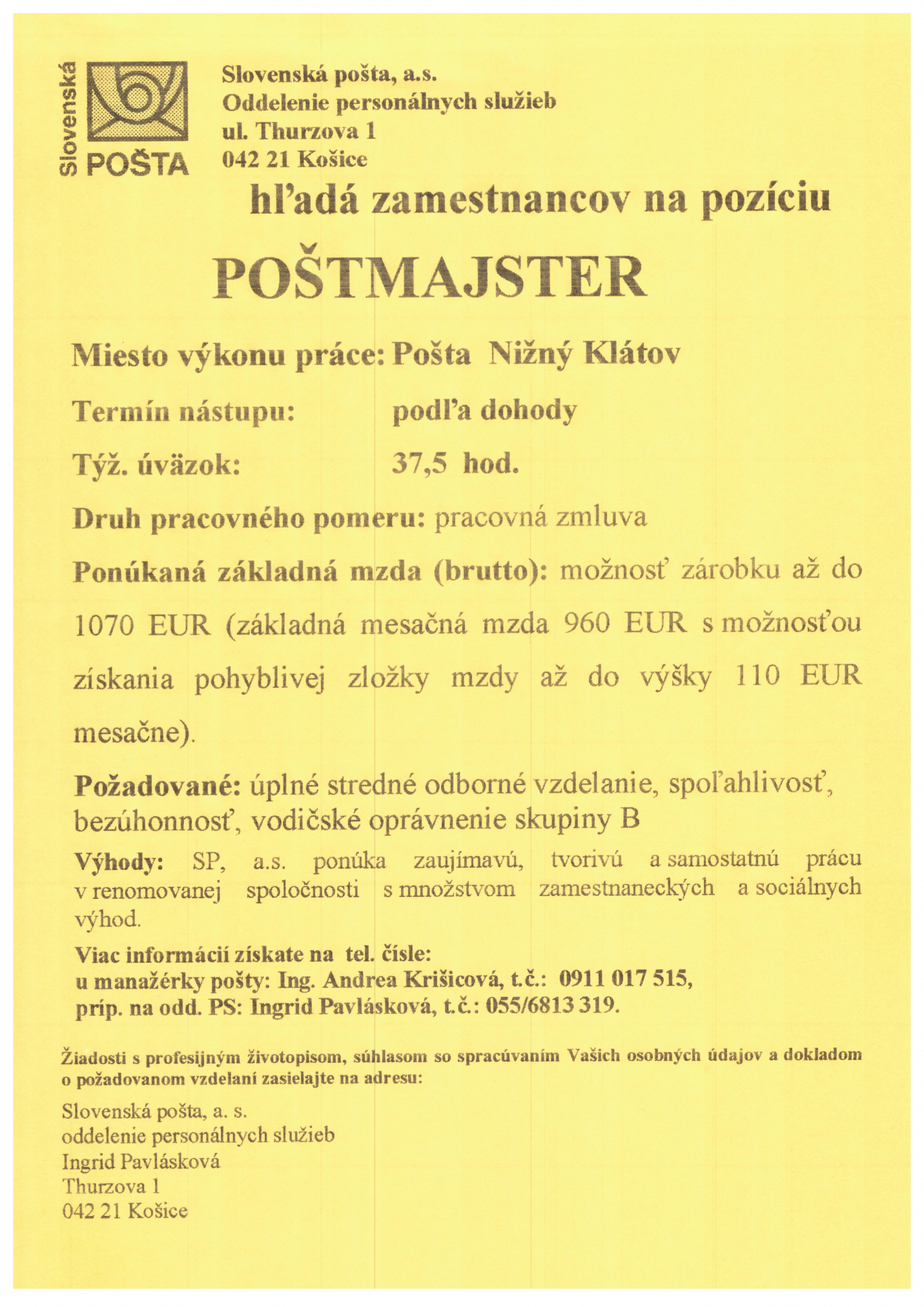 Fotka - Pracovná pozícia - Slovenská pošta v Nižnom Klátove