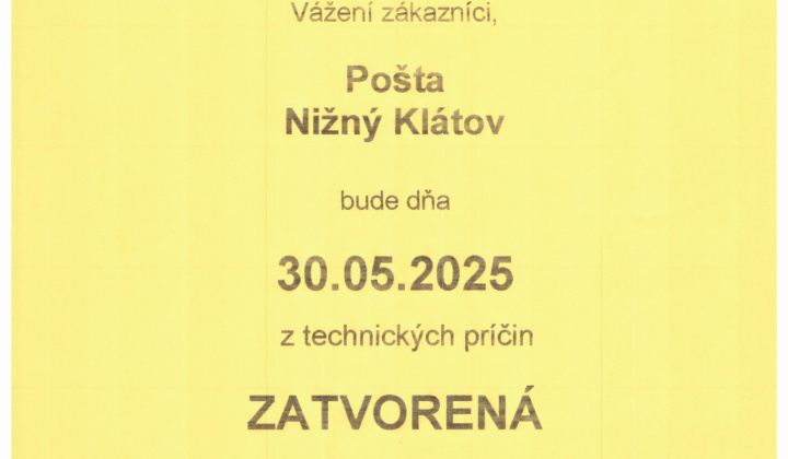 Fotka - OZNAM - pošta zatvorená 30.5.2025