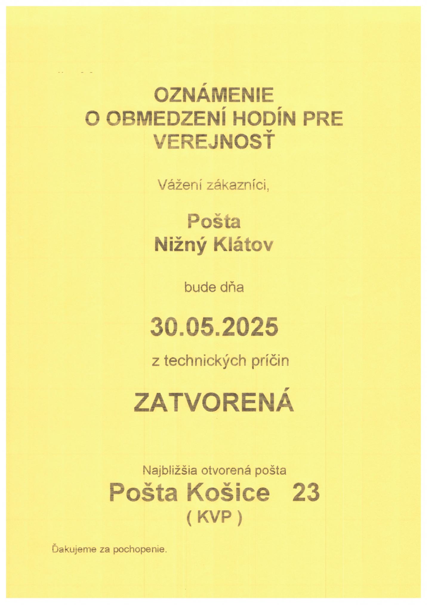Fotka - OZNAM - pošta zatvorená 30.5.2025