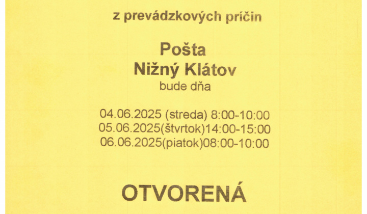 Fotka - OZNAM - zmena otváracej doby - Pošta 