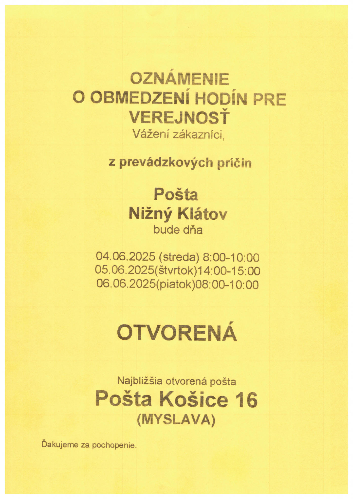 Fotka - OZNAM - zmena otváracej doby - Pošta