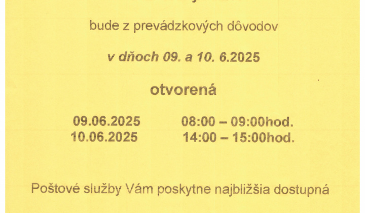 Fotka - OZNAM - pošta 9-10.6.2025