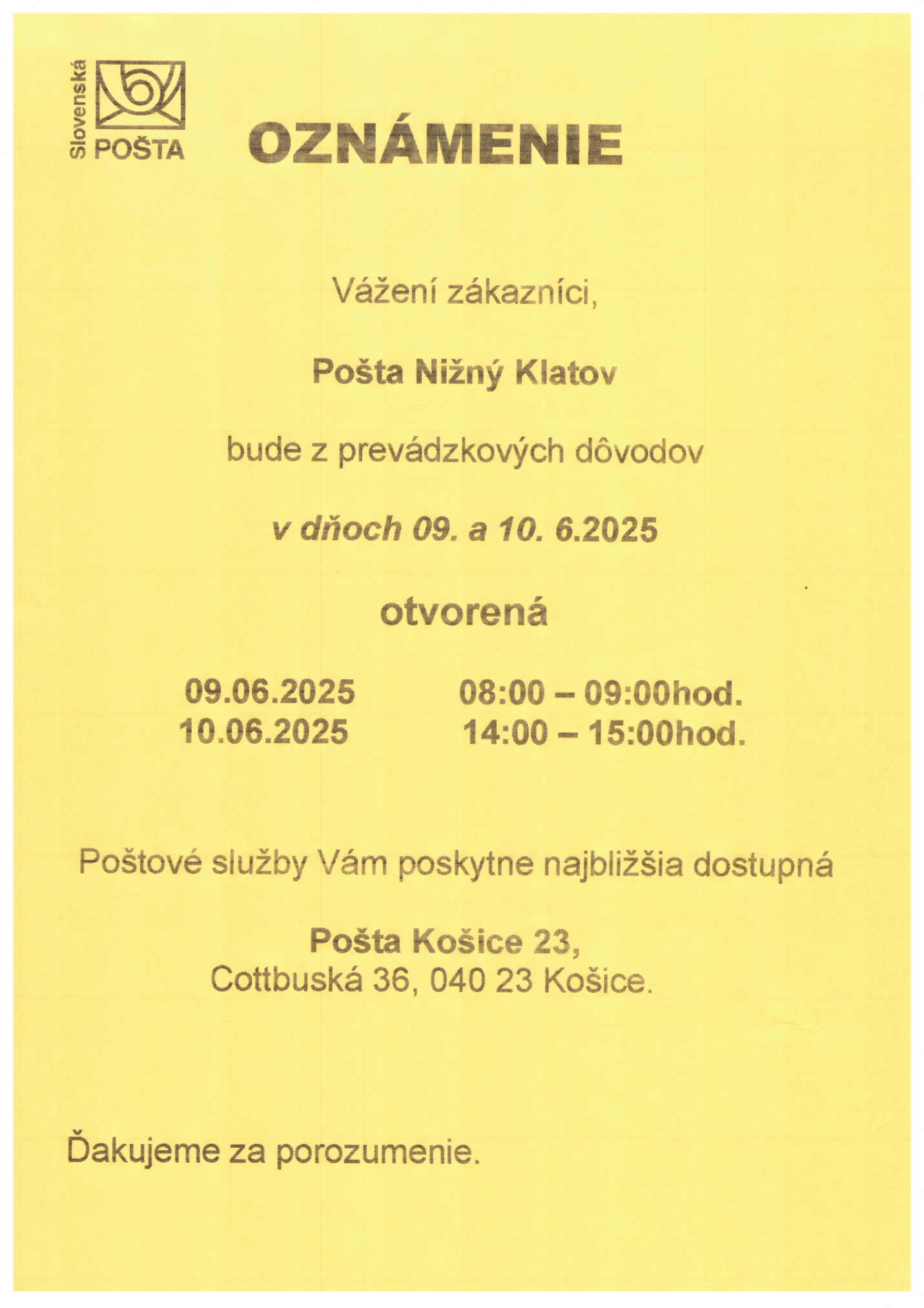 Fotka - OZNAM - pošta 9-10.6.2025